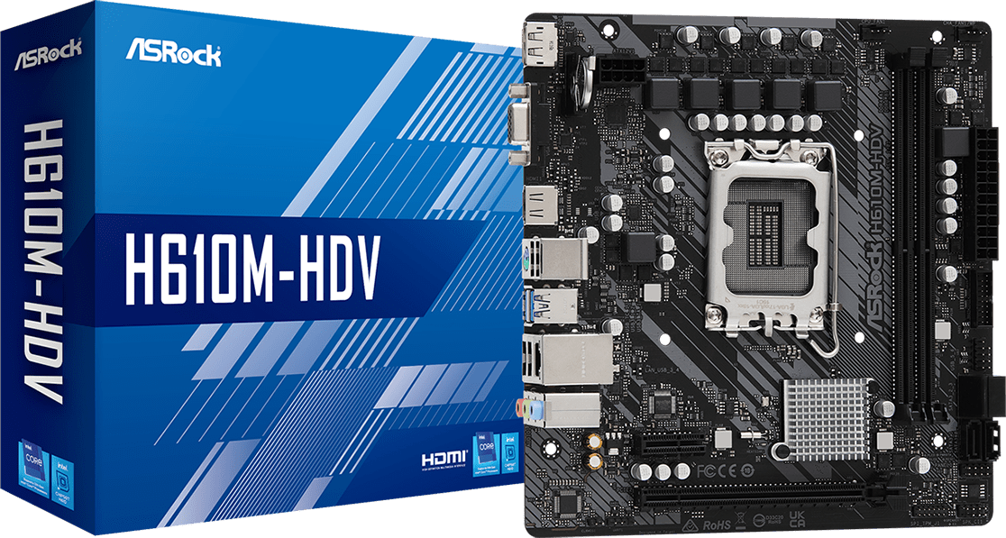 Asrock H610M-HDV, Tarjeta Madre Intel® H610, 2* , Audio 7.1, Gigabit LAN, PCIe 4.0, SATA3, D-Sub, HDMI, DisplayPort, USB 3.2, Micro ATX. LGA1700 H610