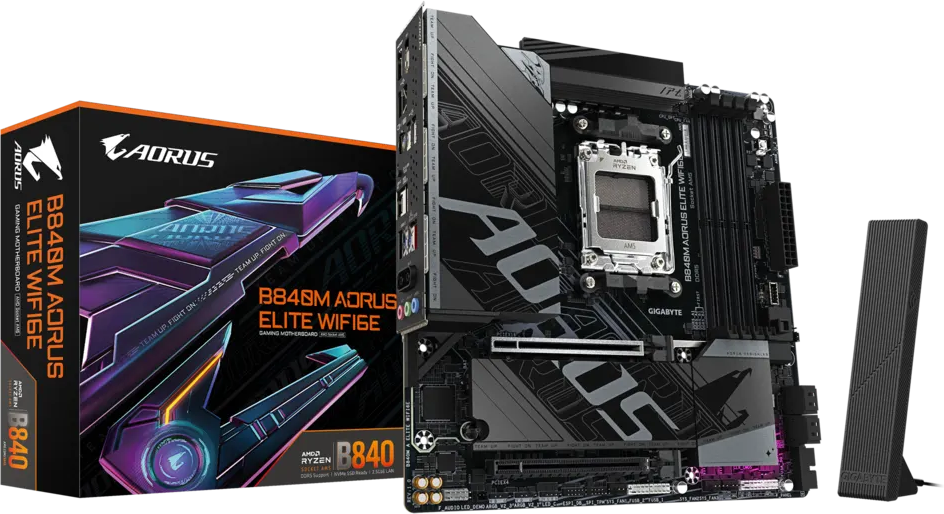 Gigabyte , AM5, ATX, PCI 4.0, PCI - M.2, 4 DIMM Wi-Fi 6E red 1 Gbps/100 Mbps/10 MbpsUSB Type-C® (B840M A ELITE WIFI6E). AM5 B840
