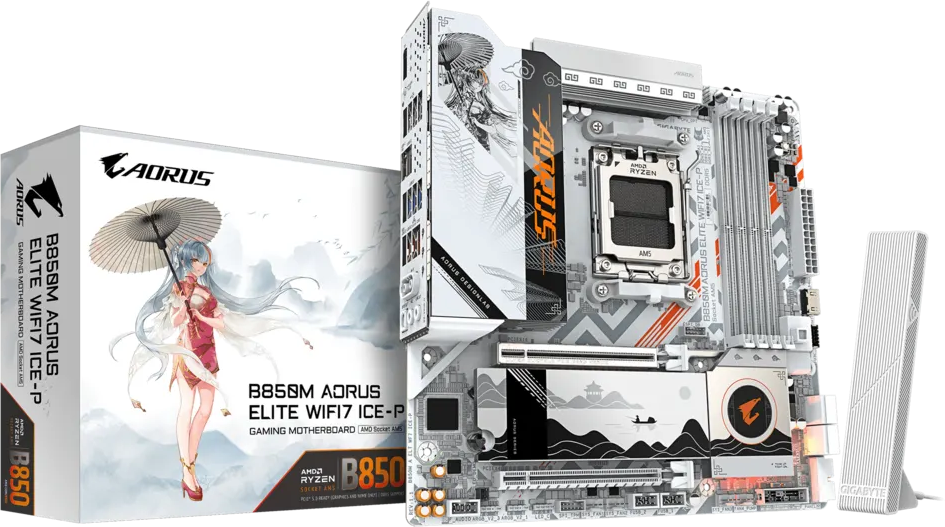 Gigabyte B850M AM5 support for AMD Ryzen 9000, 8000, 7000, 4 x DIMM Dual channel Wi-Fi 7 BT 5.4 (B850M AORUS ELITE WIFI7 ICE-P). AM5 B850