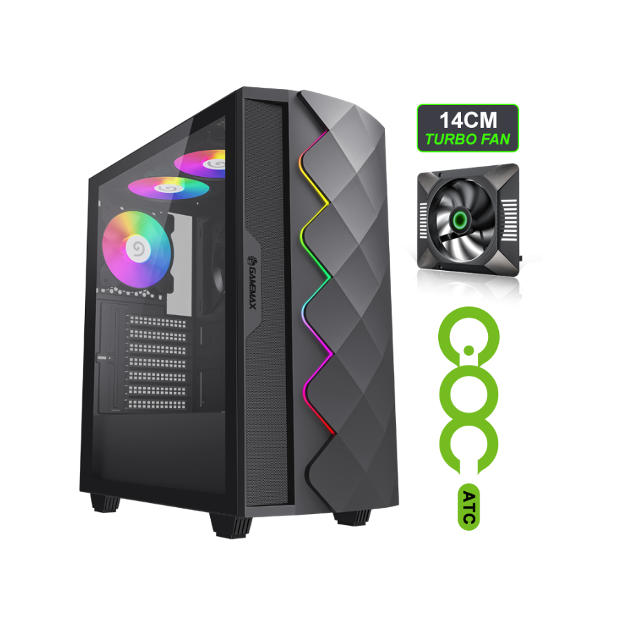 GAMEMAX - Gamemax Diamond CP BK - RGB - S/Fuente - ATX - Negro (Incluye 1 Fan 120mm ARGB Trasero + 1 de 140mm Turbo Normal Lateral M/B) ATX