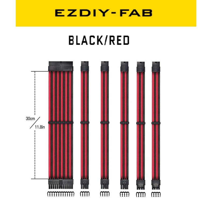 EZDIY-FAB AIRFLOW EZDIY-FAB KIT V2 Black/Red Extensión KIT 6 cable PSU 300mm 16AWG 300mm 24P/EPS 8P-4+4P*2/ PCIE8P-6+2P*3 EZDPI228-3 ATX