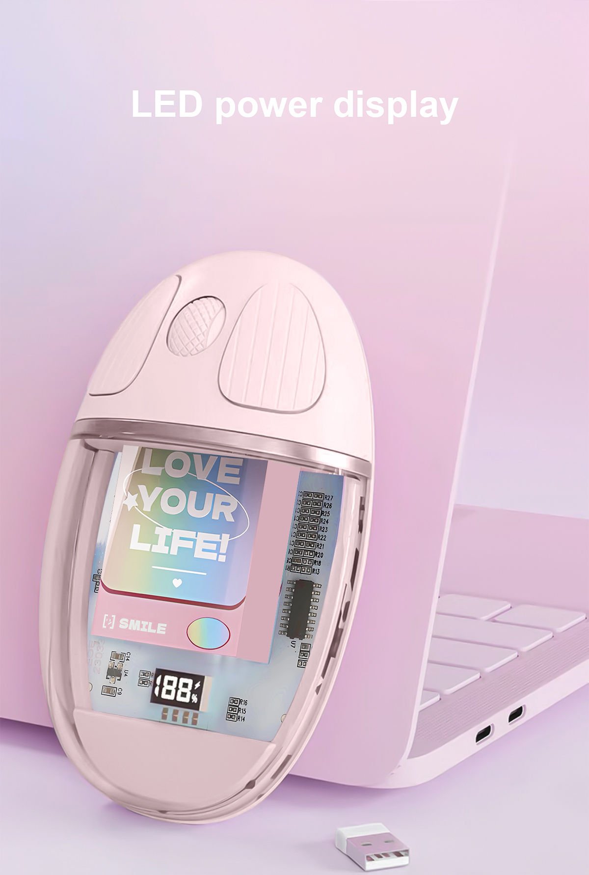 benwis cristal mouse pink bluetooh 2,4 rgb led display